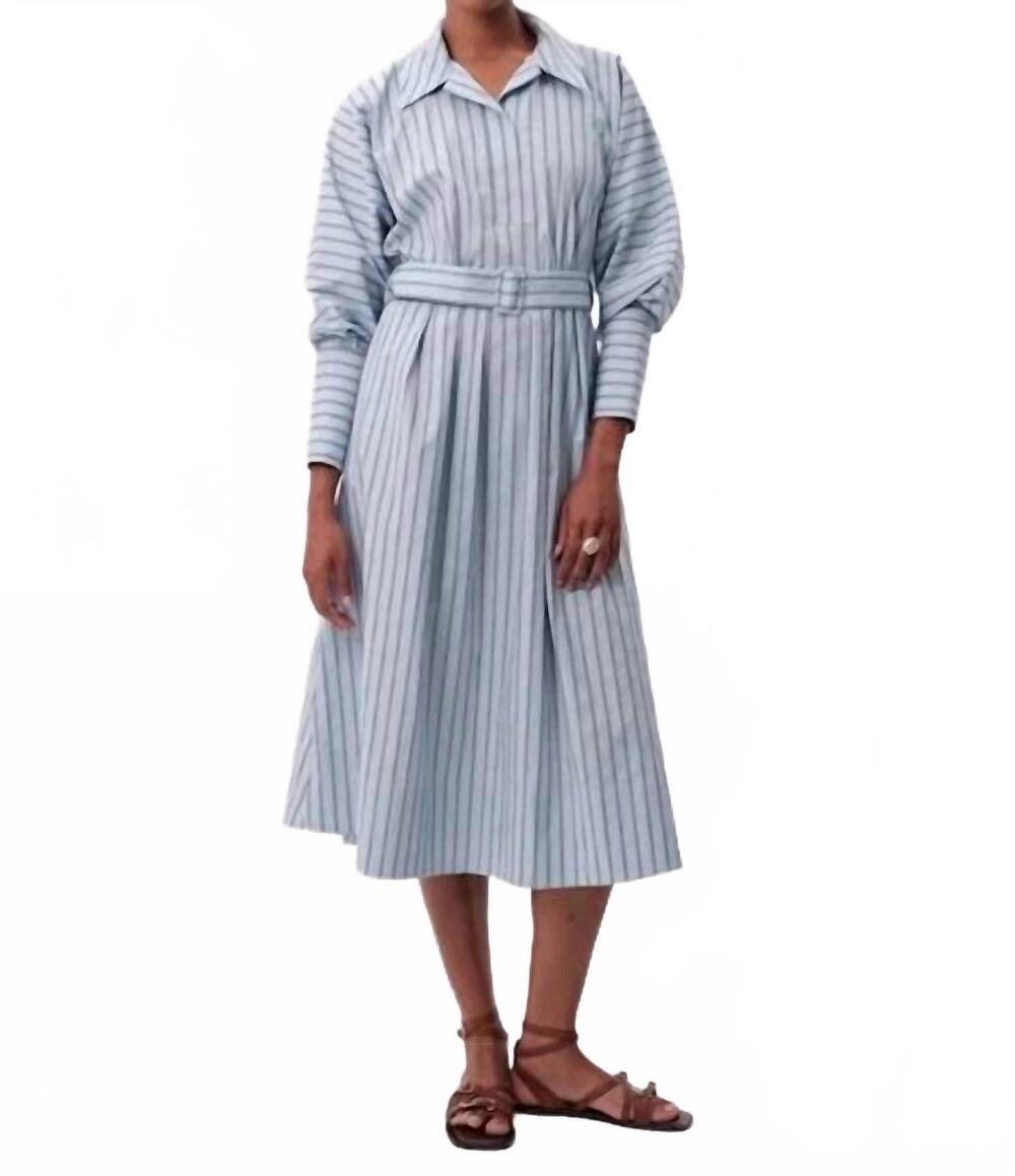 NEW EXQUISE raglan sleeve shirt collar belted regular midi dress in blue and whi